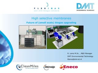 High selective membranes
Future of (small scale) biogas upgrading




                                R. Lems M.Sc. , R&D Manager
                                DMT Environmental Technology
                                Rlems@dmt-et.nl
 