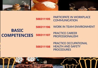 BASIC
COMPETENCIES
500311105
PARTICIPATE IN WORKPLACE
COMMUNICATION
500311106 WORK IN TEAM ENVIRONMENT
500311107
PRACTICE CAREER
PROFESSIONALISM
500311108
PRACTICE OCCUPATIONAL
HEALTH AND SAFETY
PROCEDURES
 