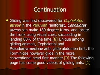Continuation
   Gliding was first discovered for Cephalotes
    atreus in the Peruvian rainforest. Cephalotes
    atreus can make 180 degree turns, and locate
    the trunk using visual cues, succeeding in
    landing 80% of the time.[8] Unique among
    gliding animals, Cephalotini and
    Pseudomyrmecinae ants glide abdomen first, the
    Forminicae however glide in the more
    conventional head first manner.[9] The following
    page has some good videos of gliding ants. [1]
 
