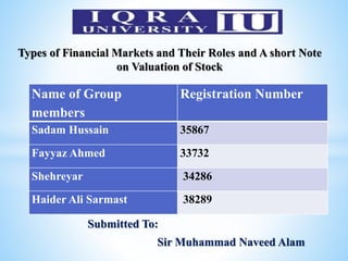 Submitted To:
Sir Muhammad Naveed Alam
Name of Group
members
Registration Number
Sadam Hussain 35867
Fayyaz Ahmed 33732
Shehreyar 34286
Haider Ali Sarmast 38289
Types of Financial Markets and Their Roles and A short Note
on Valuation of Stock
 