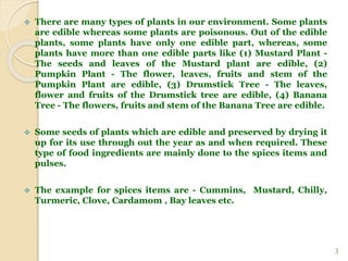 There are many types of plants in our environment. Some plants
are edible whereas some plants are poisonous. Out of the edible
plants, some plants have only one edible part, whereas, some
plants have more than one edible parts like (1) Mustard Plant -
The seeds and leaves of the Mustard plant are edible, (2)
Pumpkin Plant - The flower, leaves, fruits and stem of the
Pumpkin Plant are edible, (3) Drumstick Tree - The leaves,
flower and fruits of the Drumstick tree are edible, (4) Banana
Tree - The flowers, fruits and stem of the Banana Tree are edible.
 Some seeds of plants which are edible and preserved by drying it
up for its use through out the year as and when required. These
type of food ingredients are mainly done to the spices items and
pulses.
 The example for spices items are - Cummins, Mustard, Chilly,
Turmeric, Clove, Cardamom , Bay leaves etc.
3
 