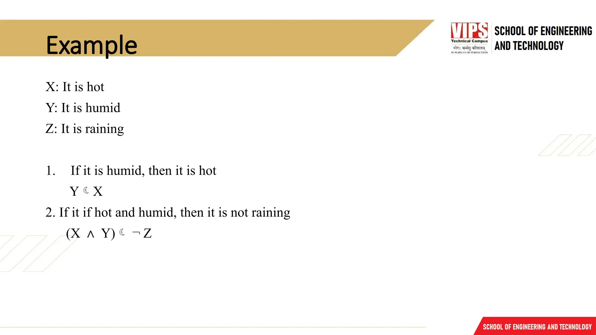 Example
X: It is hot
Y: It is humid
Z: It is raining
1. If it is humid, then it is hot
YX
2. If it if hot and humid, then it is not raining
(X ∧ Y) ¬ Z
 