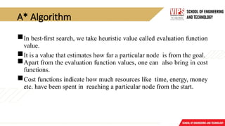 A* Algorithm
In best-first search, we take heuristic value called evaluation function
value.
It is a value that estimates how far a particular node is from the goal.
Apart from the evaluation function values, one can also bring in cost
functions.
Cost functions indicate how much resources like time, energy, money
etc. have been spent in reaching a particular node from the start.
 