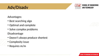 Adv/Disadv
Advantages:
• Best searching algo
• Optimal and complete
• Solve complex problems
Disadvantage
• Doesn’t always produce shortest
• Complexity issue
• Requires m/m
 