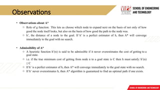 Observations
• Observations about A*
o Role of g function: This lets us choose which node to expand next on the basis of not only of how
good the node itself looks, but also on the basis of how good the path to the node was.
o h’, the distance of a node to the goal. If h’ is a perfect estimator of h, then A* will converge
immediately to the goal with no search.
• Admissibility of A*
o A heuristic function h’(n) is said to be admissible if it never overestimates the cost of getting to a
goal state.
o i.e. if the true minimum cost of getting from node n to a goal state is C then h must satisfy: h’(n)
≤ C
o If h’ is a perfect estimator of h, then A* will converge immediately to the goal state with no search.
o If h’ never overestimates h, then A* algorithm is guaranteed to find an optimal path if one exists.
 