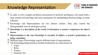 Knowledge Representation
 In order to solve complex problems encountered in artificial intelligence, one needs both a
large amount of knowledge and some mechanism for manipulating that knowledge to create
solutions.
 Knowledge and Representation are two distinct entities. They play central but
distinguishable roles in intelligent system.
 Knowledge is a description of the world. It determines a system's competence by what it
knows.
 Representation is the way knowledge is encoded. It defines a system's performance in
doing something.
 Different types of knowledge require different kinds of representation.
 The Knowledge Representation models/mechanisms are often based on:
o Logic
o Rules
o Frames
o Semantic Net
 