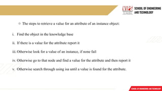o The steps to retrieve a value for an attribute of an instance object:
i. Find the object in the knowledge base
ii. If there is a value for the attribute report it
iii.Otherwise look for a value of an instance, if none fail
iv. Otherwise go to that node and find a value for the attribute and then report it
v. Otherwise search through using isa until a value is found for the attribute.
 
