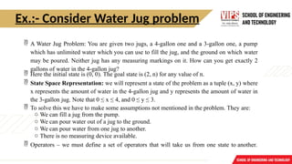 Ex.:- Consider Water Jug problem
 A Water Jug Problem: You are given two jugs, a 4-gallon one and a 3-gallon one, a pump
which has unlimited water which you can use to fill the jug, and the ground on which water
may be poured. Neither jug has any measuring markings on it. How can you get exactly 2
gallons of water in the 4-gallon jug?
 Here the initial state is (0, 0). The goal state is (2, n) for any value of n.
 State Space Representation: we will represent a state of the problem as a tuple (x, y) where
x represents the amount of water in the 4-gallon jug and y represents the amount of water in
the 3-gallon jug. Note that 0 ≤ x ≤ 4, and 0 ≤ y ≤ 3.
 To solve this we have to make some assumptions not mentioned in the problem. They are:
o We can fill a jug from the pump.
o We can pour water out of a jug to the ground.
o We can pour water from one jug to another.
o There is no measuring device available.
 Operators – we must define a set of operators that will take us from one state to another.
 