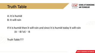 Truth Table
A: It is humid
B: It will rain
If it is humid then it will rain and since it is humid today it will rain
(AB/A)B
Truth Table???
 