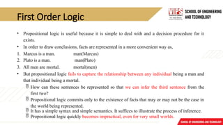First Order Logic
• Propositional logic is useful because it is simple to deal with and a decision procedure for it
exists.
• In order to draw conclusions, facts are represented in a more convenient way as,
1. Marcus is a man. man(Marcus)
2. Plato is a man. man(Plato)
3. All men are mortal. mortal(men)
• But propositional logic fails to capture the relationship between any individual being a man and
that individual being a mortal.
 How can these sentences be represented so that we can infer the third sentence from the
first two?
 Propositional logic commits only to the existence of facts that may or may not be the case in
the world being represented.
 It has a simple syntax and simple semantics. It suffices to illustrate the process of inference.
 Propositional logic quickly becomes impractical, even for very small worlds.
 