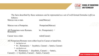 The facts described by these sentences can be represented as a set of well-formed formulas (wffs) as
follows:
Marcus was a man. man(Marcus)
Marcus was a Pompeian. Pompeian(Marcus)
All Pompeians were Romans. x
∀ : Pompeian(x) 
Roman(x)
Caesar was a ruler. ruler(Caesar)
All Pompeians/Romans were either loyal to Caesar or hated him.
• inclusive-or
• ∀x : Romans(x)  loyalto(x, Caesar) ∨ hate(x, Caesar)
• exclusive-or
∀x : Romans(x)  (loyalto(x, Caesar) ∨ ¬ hate(x,
Caesar)) ∨ (¬ loyalto(x, Caesar) ∨ hate(x, Caesar))
 