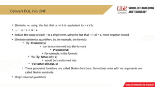 Convert FOL into CNF
• Eliminate →, using the fact that a → b is equivalent to ¬ a V b.
•  ab b
∧ a
• Reduce the scope of each ¬ to a single term, using the fact that ¬ (¬ p) = p, move negation inward
• Eliminate existential quantifiers. So, for example, the formula
• ∃y : President(y)
• can be transformed into the formula
• President(S1)
• For example, in the formula
• ∀x: ∃y: father-of(y, x)
• would be transformed into
• ∀x: father-of(S2(x), x)
• These generated functions are called Skolem functions. Sometimes ones with no arguments are
called Skolem constants.
• Drop Universal quantifiers
 