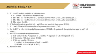 Algorithm: Unify(L1, L2)
1. If L1 or L2 are both variables or constants, then:
a. If L1 and L2 are identical, then return NIL.
b. Else if L1 is a variable, then if L1 occurs in L2 then return {FAIL}, else return (L2/L1).
c. Else if L2 is a variable, then if L2 occurs in L1 then return {FAIL}, else return (L1/L2).
d. Else return {FAIL}.
2. If the initial predicate symbols in L1 and L2 are not identical, then return {FAIL}.
3. If LI and L2 have a different number of arguments, then return {FAIL}.
4. Set SUBST to NIL. (At the end of this procedure, SUBST will contain all the substitutions used to unify L1
and L2.)
5. For i ← 1 to number of arguments in L1 :
a. Call Unify with the ith
argument of L1 and the ith
argument of L2, putting result in S.
b. If S contains FAIL then return {FAIL}.
c. If S is not equal to NIL then:
i. Apply S to the remainder of both L1 and L2.
ii. SUBST: = APPEND(S, SUBST).
6. Return SUBST.
 