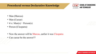 Procedural versus Declarative Knowledge
• Man (Marcus)
• Man (Caesar)
• ∀ x: Man(x)Person(x)
• Person (Cleopatra)
• Now the answer will be Marcus, earlier it was Cleopatra
• Can caesar be the answer??
 