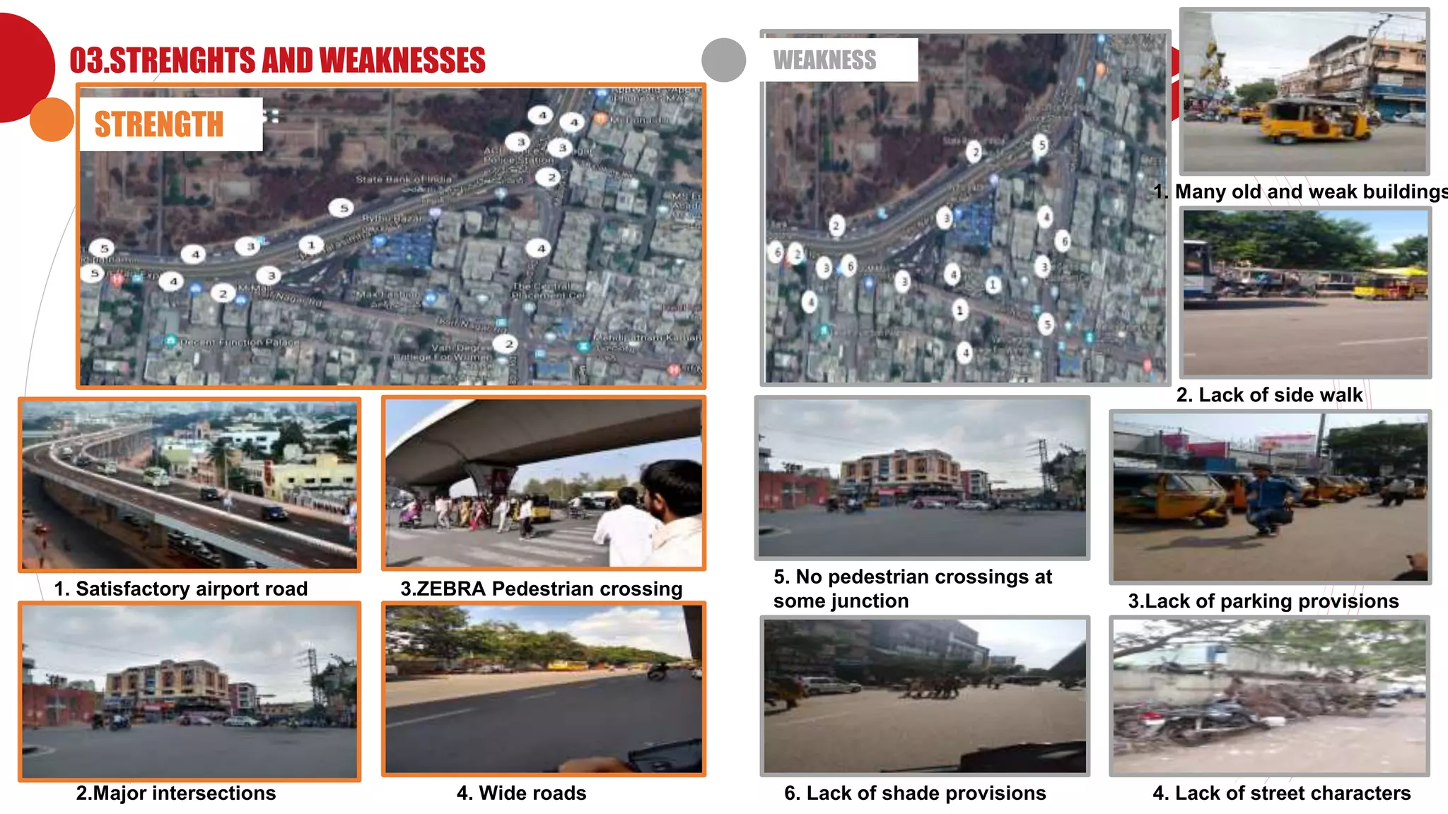 Company Logo
03.STRENGHTS AND WEAKNESSES
STRENGTH
WEAKNESS
1. Satisfactory airport road
2.Major intersections
3.ZEBRA Pedestrian crossing
4. Wide roads
1. Many old and weak buildings
2. Lack of side walk
treatment
3.Lack of parking provisions
4. Lack of street characters
5. No pedestrian crossings at
some junction
6. Lack of shade provisions
 