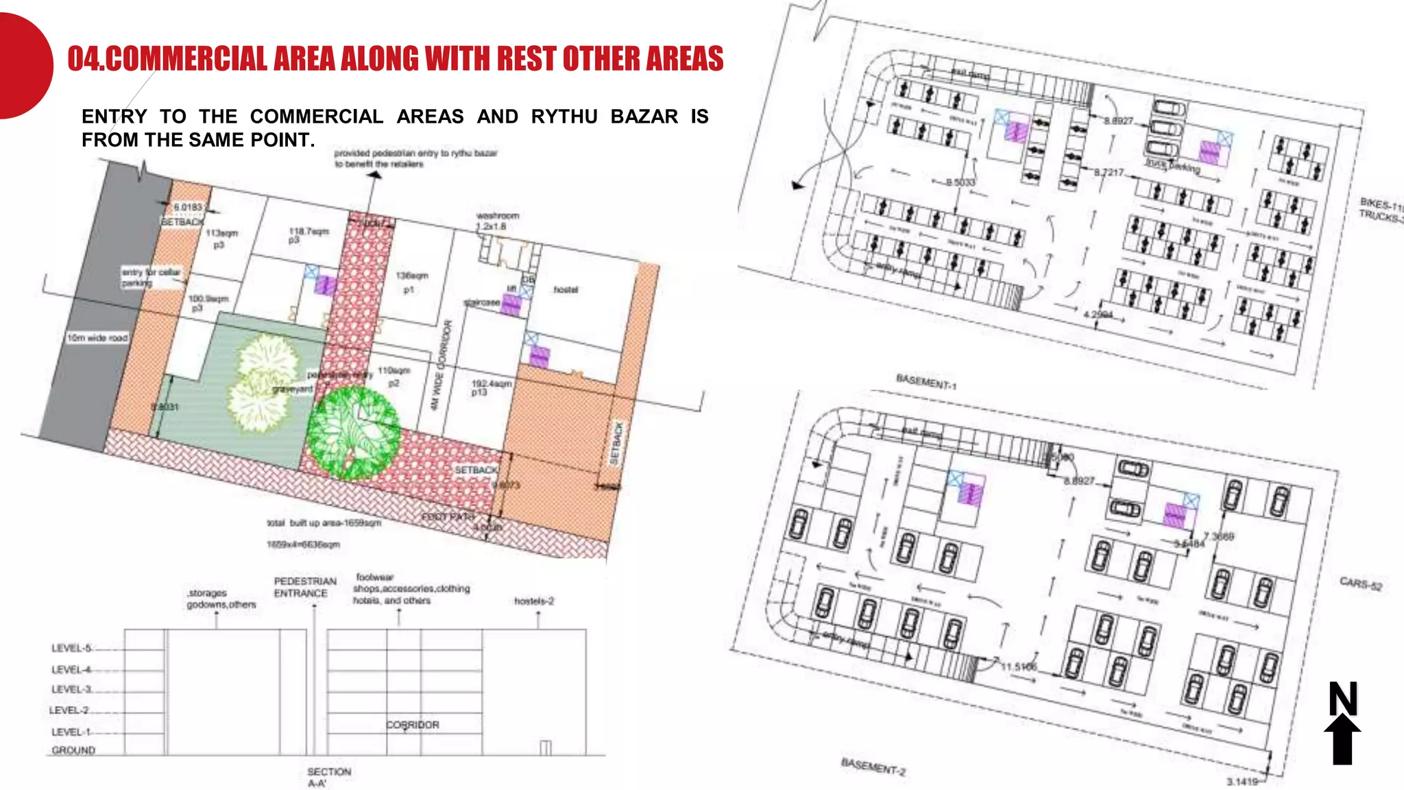 Company Logo
04.COMMERCIAL AREA ALONG WITH REST OTHER AREAS
ENTRY TO THE COMMERCIAL AREAS AND RYTHU BAZAR IS
FROM THE SAME POINT.
N
 