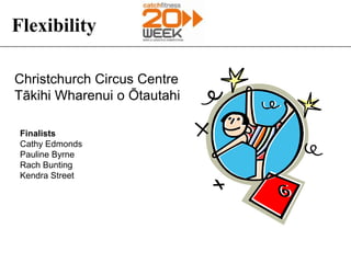 Flexibility

Christchurch Circus Centre
Tākihi Wharenui o Ōtautahi

 Finalists
 Cathy Edmonds
 Pauline Byrne
 Rach Bunting
 Kendra Street
 