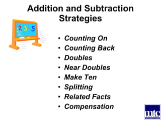 Addition and Subtraction Strategies Counting On Counting Back Doubles Near Doubles Make Ten Splitting Related Facts Compensation 