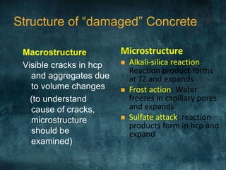 Structure of “damaged” Concrete
Macrostructure
Visible cracks in hcp
and aggregates due
to volume changes
(to understand
cause of cracks,
microstructure
should be
examined)
Microstructure
 Alkali-silica reaction:
Reaction product forms
at TZ and expands
 Frost action: Water
freezes in capillary pores
and expands
 Sulfate attack: reaction
products form in hcp and
expand
 