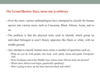 The Grand Illusion: Race, turns out, is arbitrary
Over the years, various anthropologists have attempted to classify the human
species into various races, such as Caucasian, Black African, Asian, and so
on.
The problem is that the physical traits used to identify which group an
individual belonged in aren‘t binary opposites like black or white, with no
middle ground.
Any attempt to classify human races raises a number of questions such as;
What do you do with people who look, well, partly Asian and partly European?
And
Does European end in the Middle East, where some African traits are present?
Where does Africa even begin, genetically speaking?
Who‘s going to draw up the lines between black and white?
 