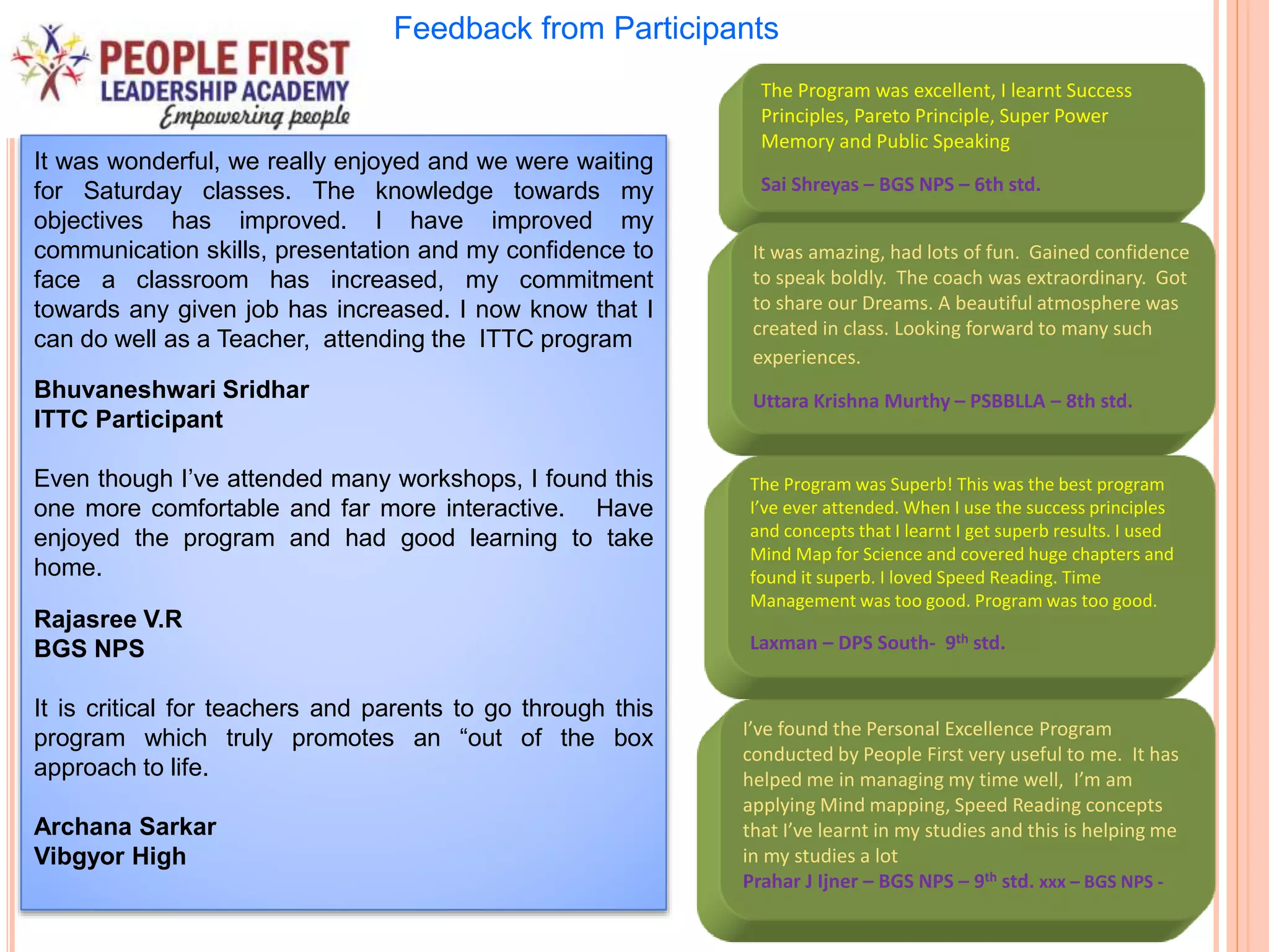 21
Feedback from Participants
It was wonderful, we really enjoyed and we were waiting
for Saturday classes. The knowledge towards my
objectives has improved. I have improved my
communication skills, presentation and my confidence to
face a classroom has increased, my commitment
towards any given job has increased. I now know that I
can do well as a Teacher, attending the ITTC program
Bhuvaneshwari Sridhar
ITTC Participant
Even though I’ve attended many workshops, I found this
one more comfortable and far more interactive. Have
enjoyed the program and had good learning to take
home.
Rajasree V.R
BGS NPS
It is critical for teachers and parents to go through this
program which truly promotes an “out of the box
approach to life.
Archana Sarkar
Vibgyor High
The Program was excellent, I learnt Success
Principles, Pareto Principle, Super Power
Memory and Public Speaking
Sai Shreyas – BGS NPS – 6th std.
I’ve found the Personal Excellence Program
conducted by People First very useful to me. It has
helped me in managing my time well, I’m am
applying Mind mapping, Speed Reading concepts
that I’ve learnt in my studies and this is helping me
in my studies a lot
Prahar J Ijner – BGS NPS – 9th std. xxx – BGS NPS -
It was amazing, had lots of fun. Gained confidence
to speak boldly. The coach was extraordinary. Got
to share our Dreams. A beautiful atmosphere was
created in class. Looking forward to many such
experiences.
Uttara Krishna Murthy – PSBBLLA – 8th std.
The Program was Superb! This was the best program
I’ve ever attended. When I use the success principles
and concepts that I learnt I get superb results. I used
Mind Map for Science and covered huge chapters and
found it superb. I loved Speed Reading. Time
Management was too good. Program was too good.
Laxman – DPS South- 9th std.
 