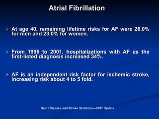 Atrial Fibrillation At age 40, remaining lifetime risks for AF were 26.0% for men and 23.0% for women.  From 1996 to 2001, hospitalizations with AF as the first-listed diagnosis increased 34%. AF is an independent risk factor for ischemic stroke, increasing risk about 4 to 5 fold.  Heart Disease and Stroke Statistics—2007 Update 