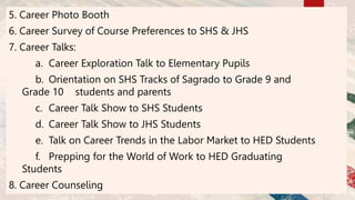 5. Career Photo Booth
6. Career Survey of Course Preferences to SHS & JHS
7. Career Talks:
a. Career Exploration Talk to E...