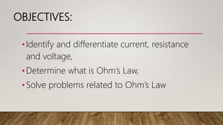 OBJECTIVES:
•Identify and differentiate current, resistance
and voltage,
•Determine what is Ohm’s Law,
•Solve problems related to Ohm’s Law
 