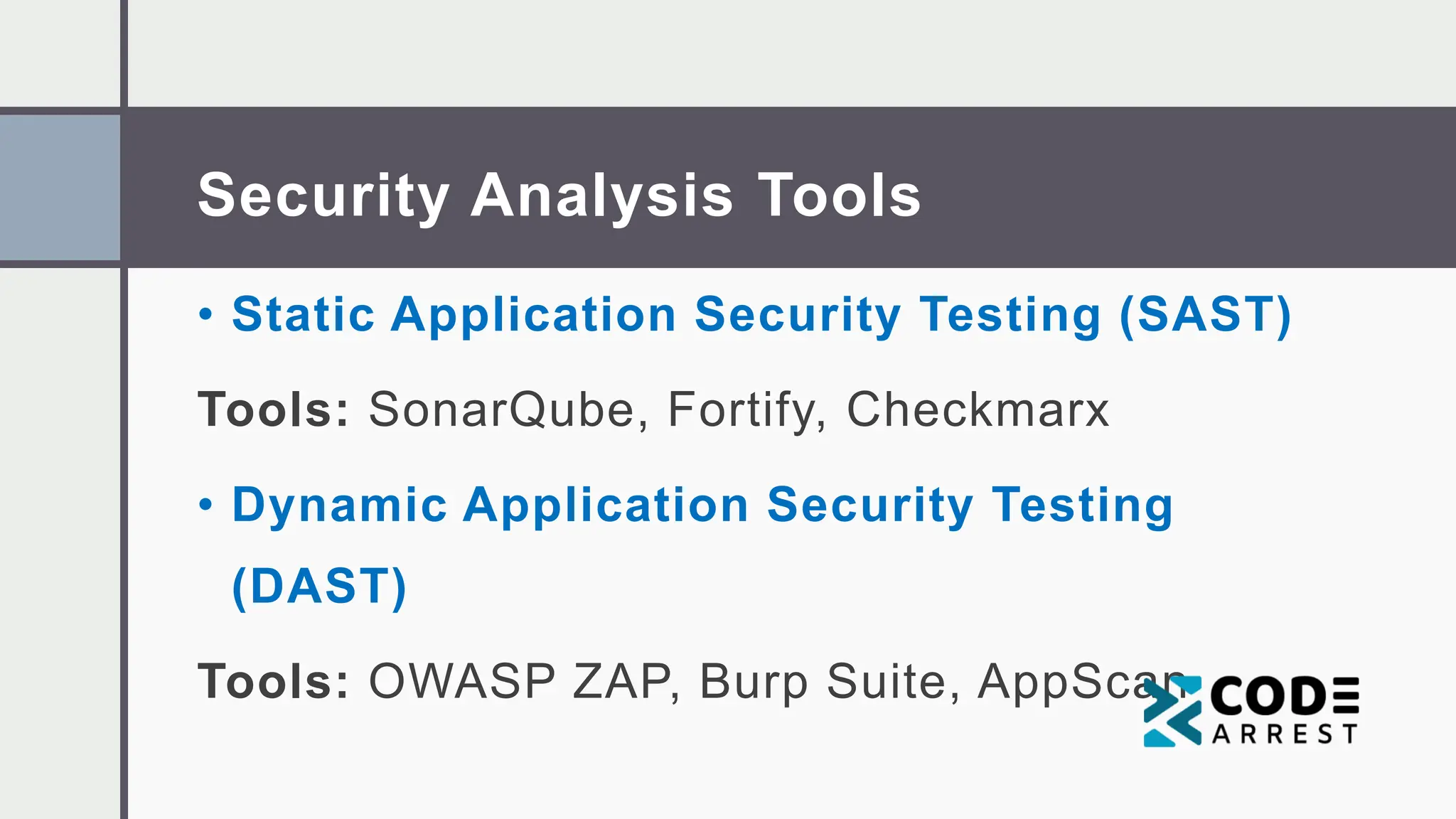 Security Analysis Tools
• Static Application Security Testing (SAST)
Tools: SonarQube, Fortify, Checkmarx
• Dynamic Application Security Testing
(DAST)
Tools: OWASP ZAP, Burp Suite, AppScan
 