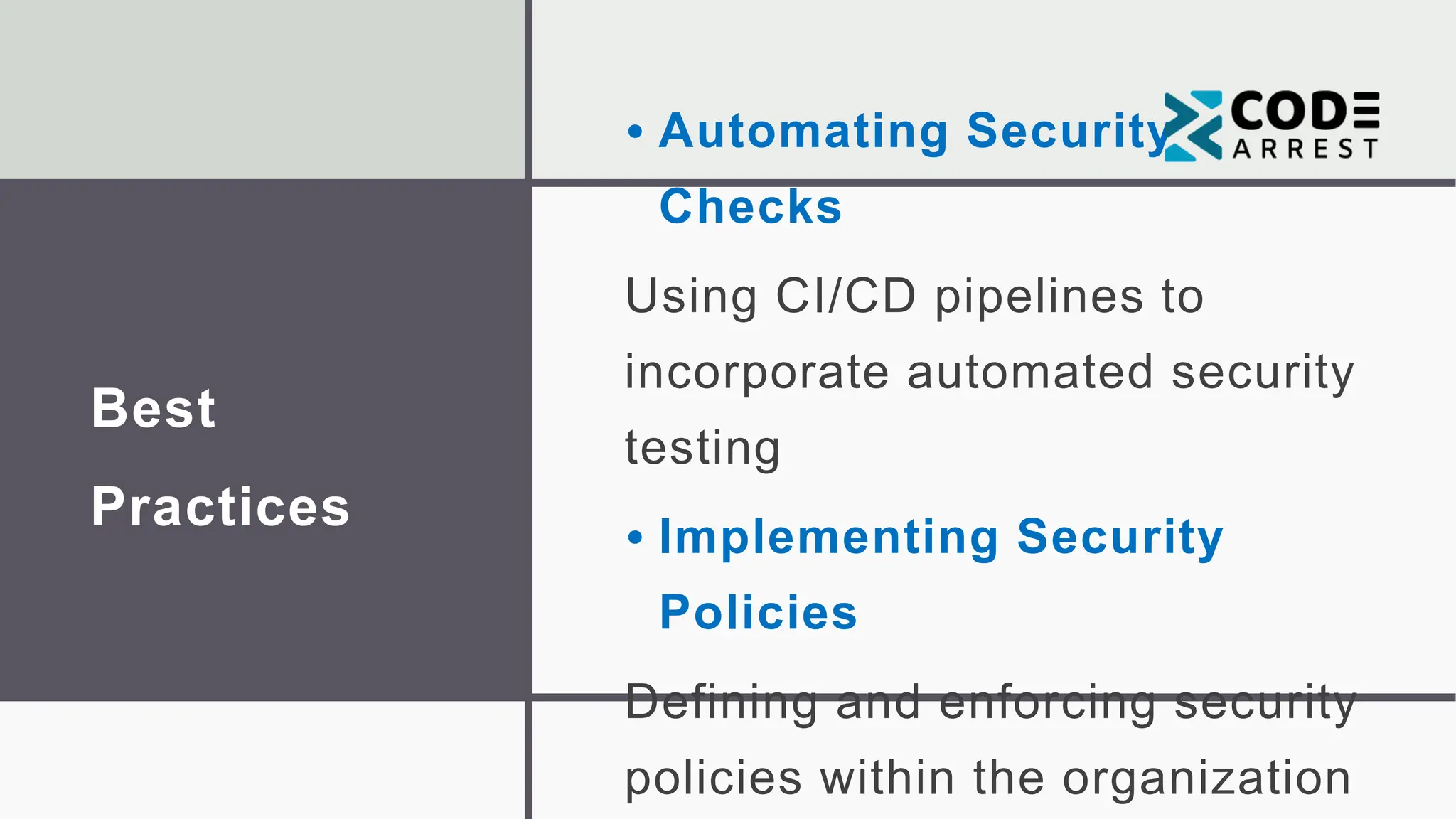 Best
Practices
• Automating Security
Checks
Using CI/CD pipelines to
incorporate automated security
testing
• Implementing Security
Policies
Defining and enforcing security
policies within the organization
 