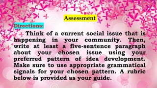 Assessment
Directions:
Think of a current social issue that is
happening in your community. Then,
write at least a five-sentence paragraph
about your chosen issue using your
preferred pattern of idea development.
Make sure to use appropriate grammatical
signals for your chosen pattern. A rubric
below is provided as your guide.
 