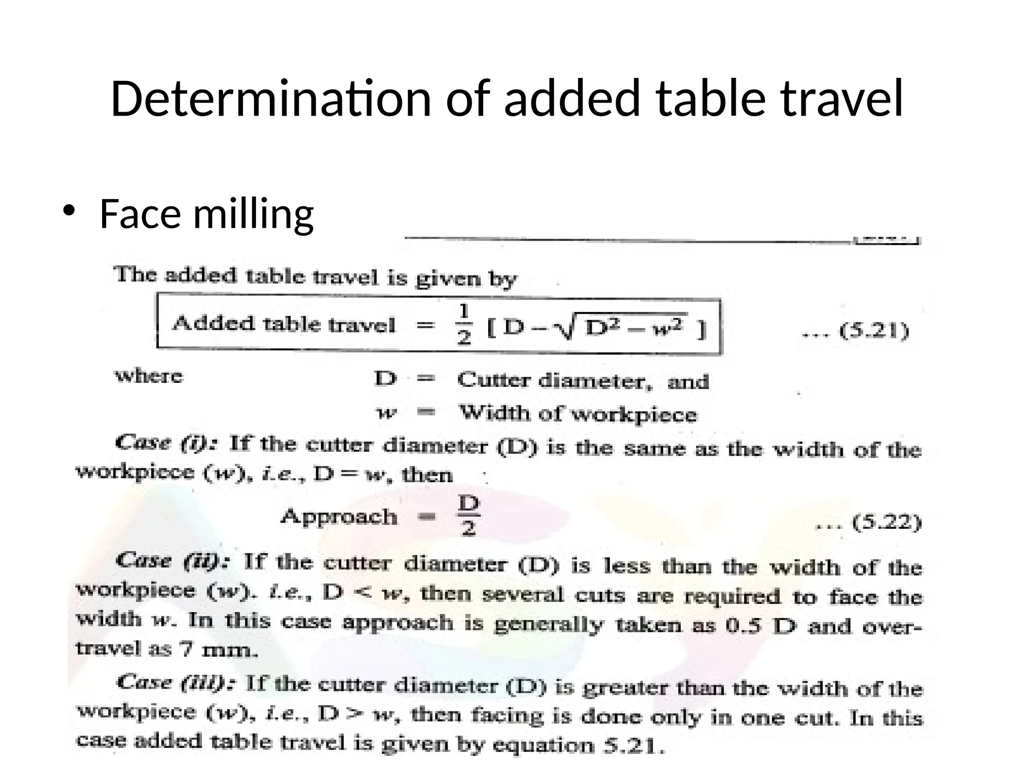Determination of added table travel
• Face milling
 
