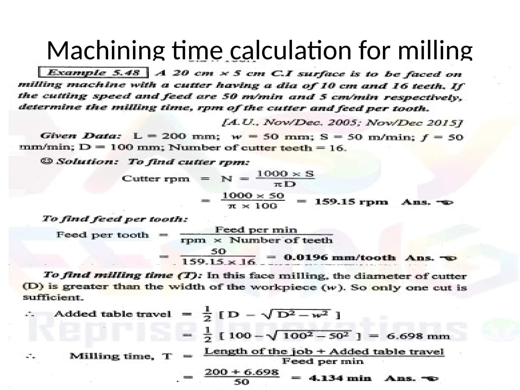 Machining time calculation for milling
 