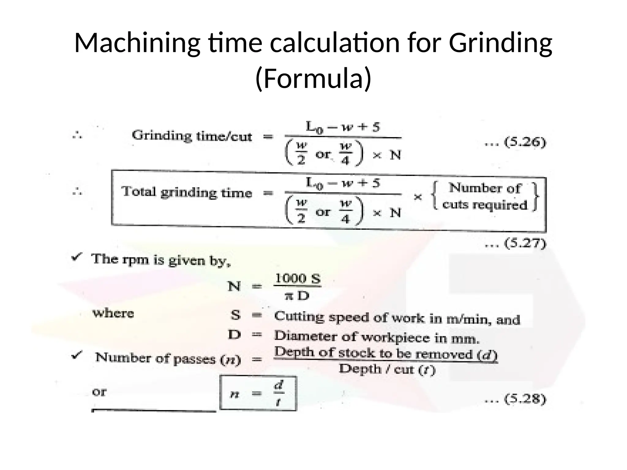 Machining time calculation for Grinding
(Formula)
 