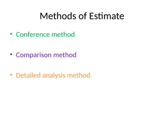 Methods of Estimate
• Conference method
• Comparison method
• Detailed analysis method
 