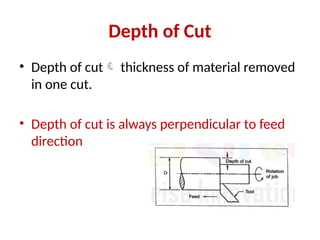 Depth of Cut
• Depth of cut thickness of material removed
in one cut.
• Depth of cut is always perpendicular to feed
direction
 