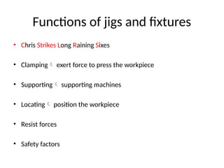 Functions of jigs and fixtures
• Chris Strikes Long Raining Sixes
• Clamping exert force to press the workpiece
• Supporting supporting machines
• Locating position the workpiece
• Resist forces
• Safety factors
 