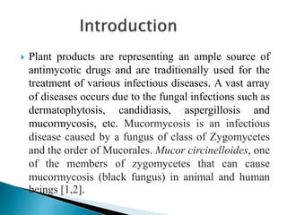  Plant products are representing an ample source of
antimycotic drugs and are traditionally used for the
treatment of various infectious diseases. A vast array
of diseases occurs due to the fungal infections such as
dermatophytosis, candidiasis, aspergillosis and
mucormycosis, etc. Mucormycosis is an infectious
disease caused by a fungus of class of Zygomycetes
and the order of Mucorales. Mucor circinelloides, one
of the members of zygomycetes that can cause
mucormycosis (black fungus) in animal and human
beings [1,2].
 
