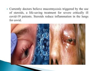  Currently doctors believe mucormycosis triggered by the use
of steroids, a life-saving treatment for severe critically ill
covid-19 patients. Steroids reduce inflammation in the lungs
for covid.
 
