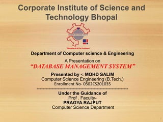 Department of Computer science & Engineering
A Presentation on
“DATABASE MANAGEMENT SYSTEM”
Presented by -: MOHD SALIM
Computer Science Engineering (B.Tech.)
Enrollment No- 0502CS201035
-------------------------------------------------------------
Under the Guidance of
Prof . Faculty-
PRAGYA RAJPUT
Computer Science Department
1
 