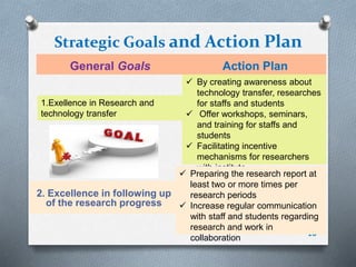 Strategic Goals and Action Plan
10
General Goals Action Plan
1.Exellence in Research and
technology transfer
 By creating...