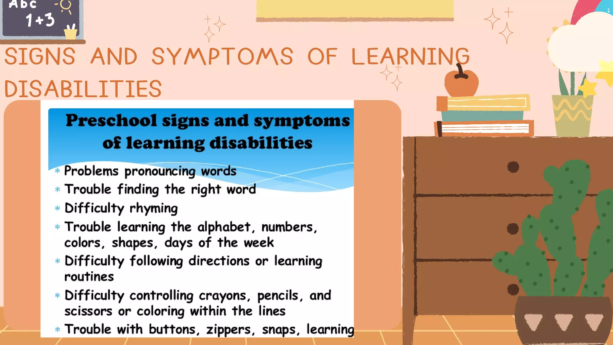 SIGNS AND SYMPTOMS OF LEARNING
DISABILITIES
 
