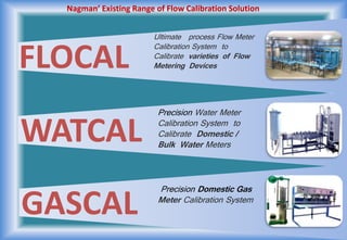 Nagman’ Existing Range of Flow Calibration Solution
FLOCAL
WATCAL
GASCAL
Ultimate process Flow Meter
Calibration System to
Calibrate varieties of Flow
Metering Devices
Precision Water Meter
Calibration System to
Calibrate Domestic /
Bulk Water Meters
Precision Domestic Gas
Meter Calibration System
 