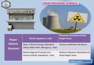 Power
Stations
(Nuclear)
IGCAR, Kalpakkam , India
Pneumatic Test Bench & Dead
Weight Tester
Dept. of Atomic Energy, Hyderabad
(Heavy Water Plant, Manuguru) , India
Pressure Calibration Test Bench
Madras Regional Purchase Unit,
Chennai (IGCAR, Kalpakkam) , India
Multical Calibration Workstation &
Dead Weight Tester
PROVEN TRACK RECORD IN PROJECTS
& Many more…
 
