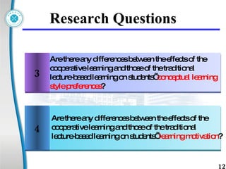 Research Questions Are there any differences between the effects of the cooperative learning and those of the traditional lecture-based learning on students’  conceptual learning style preferences ? Are there any differences between the effects of the cooperative learning and those of the traditional  lecture-based learning on students’  learning motivation ?  3 4 