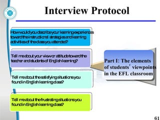 Interview Protocol How would you describe your learning experiences  toward the instructional strategies and learning activities of the class you attended? Tell me about your view or attitude toward the  teacher and students of English learning? Tell me about the satisfying situations you  found in English learning class? Tell me about the frustrating situations you found in English learning class? Part I: The elements  of students’ viewpoints  in the EFL classroom  