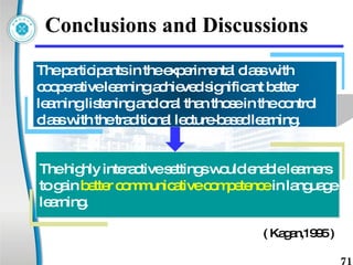 Conclusions and Discussions The highly interactive settings would enable learners to gain  better communicative competence  in language learning.  ( Kagan,1995 ) The participants in the experimental class with cooperative learning achieved significant better learning listening and oral than those in the control class with the traditional lecture-based learning.  