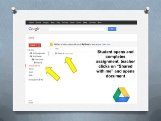 Student opens and
completes
assignment, teacher
clicks on “Shared
with me” and opens
document
 