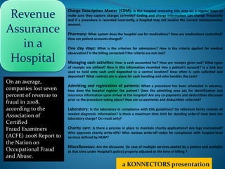 Charge Description Master (CDM): Is the hospital reviewing this area on a regular basis to
make sure they capture charges correctly? Coding and charge information can change frequently
and if a procedure is recorded incorrectly, a hospital may not receive the correct reimbursement
amount.
Pharmacy: What system does the hospital use for medications? How are medications controlled?
How are patient accounts charged?
One day stays: What is the criterion for admissions? How is the criteria applied for medical
observation? Is the billing corrected if the criteria are not met?
Managing cash activities: How is cash accounted for? How are receipts given out? What types
of receipts are utilized? How is this information recorded into a patient’s account? Is a lock box
used to hold onto cash until deposited to a central location? How often is cash collected and
deposited? What controls are in place for cash handling and who handles the cash?
Admitting and registration of patients: When a procedure has been scheduled in advance,
how does the hospital register the patient? Does the admitting area ask for identification and
insurance information upon arrival at the hospital? Are any co-payments and deductibles discussed
prior to the procedure taking place? How are co-payments and deductibles collected?
Laboratory: Is the laboratory in compliance with OIG guidelines? Do reference forms contain all
needed diagnostic information? Is there a maximum time limit for standing orders? How does the
laboratory charge? On result only?
Charity care: Is there a process in place to maintain charity applications? Are logs maintained?
Who approves charity write-offs? Who reviews write-off codes for compliance with hospital-level
services defined by HCAP?
Miscellaneous: Are the discounts (in case of multiple services availed by a patient and available
at that time under Hospital’s policy) properly adjusted at the time of billing ?
Revenue
Assurance
in a
Hospital
a KONNECTORS presentation
On an average,
companies lost seven
percent of revenue to
fraud in 2008,
according to the
Association of
Certified
Fraud Examiners
(ACFE) 2008 Report to
the Nation on
Occupational Fraud
and Abuse.
 