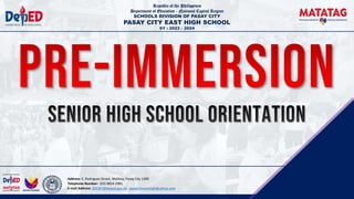 Republic of the Philippines
Department of Education - National Capital Region
SCHOOLS DIVISION OF PASAY CITY
PASAY CITY EAST HIGH SCHOOL
SY : 2023 – 2024
Address: E. Rodriguez Street, Malibay, Pasay City 1300
Telephone Number: (02) 8854-2981
E-mail Address: 305367@deped.gov.ph; pasaycityeasthigh@yahoo.com
 